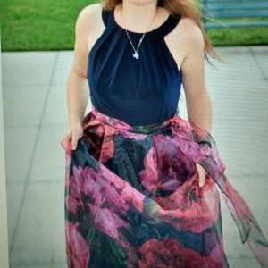 Women's Navy Blue Floor Length Floral Formal Dress